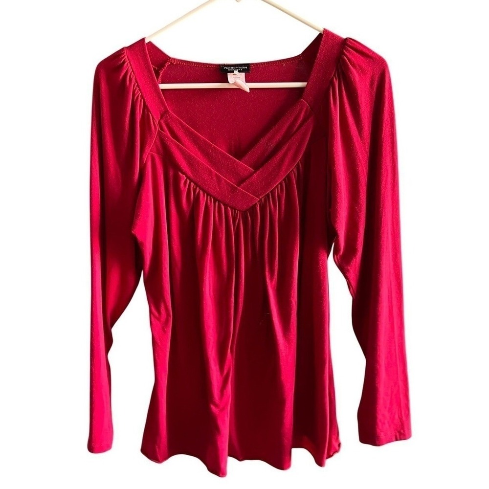 Perception Concept Womens Red Surplice V-Neck Long Sleeve Ruched Tunic Top L